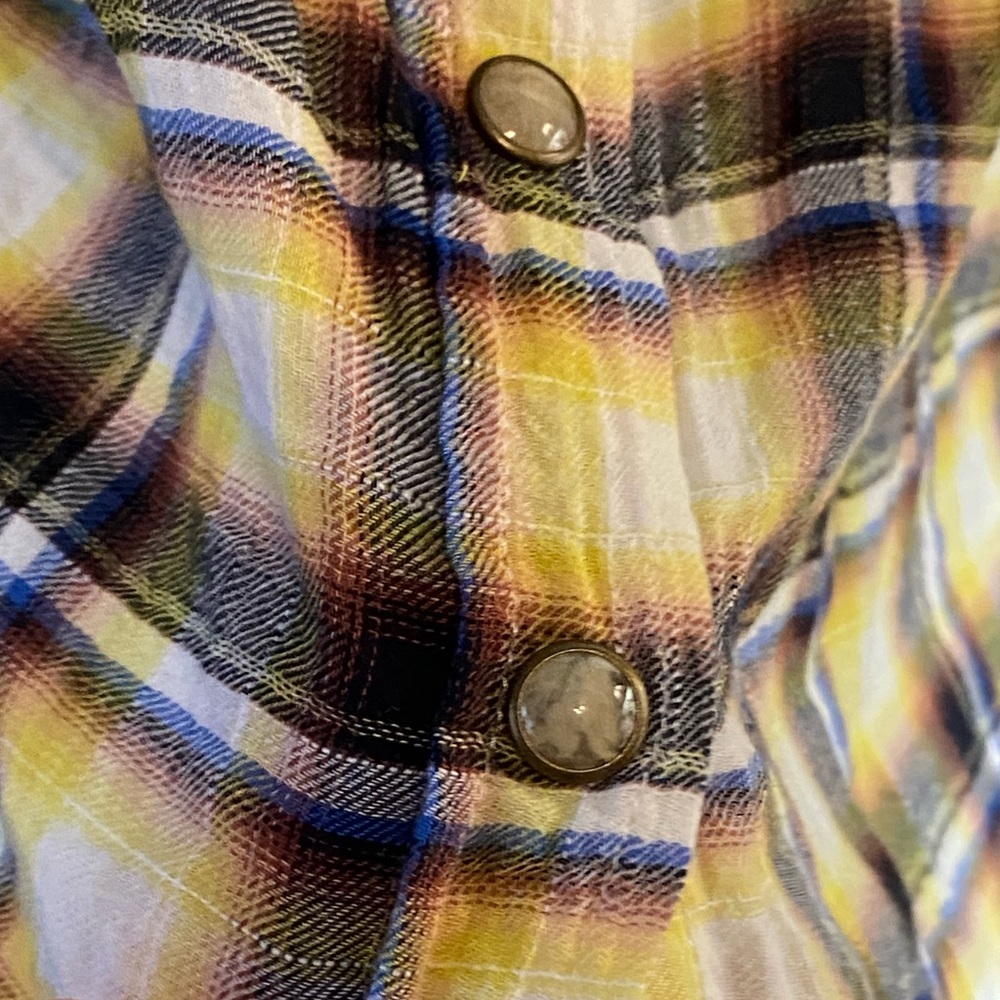 EUC yellow plaid blouse,Free People,pintuck waist, peplum,crochet trim,size S - Picture 8 of 14